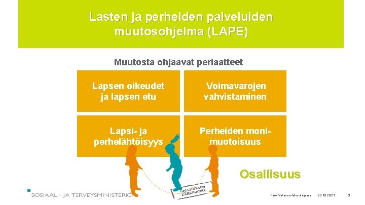 Lasten ja perheiden palveluiden muutosohjelma (LAPE) Muutosta ohjaavat periaatteet Lapsen oikeudet ja lapsen etu