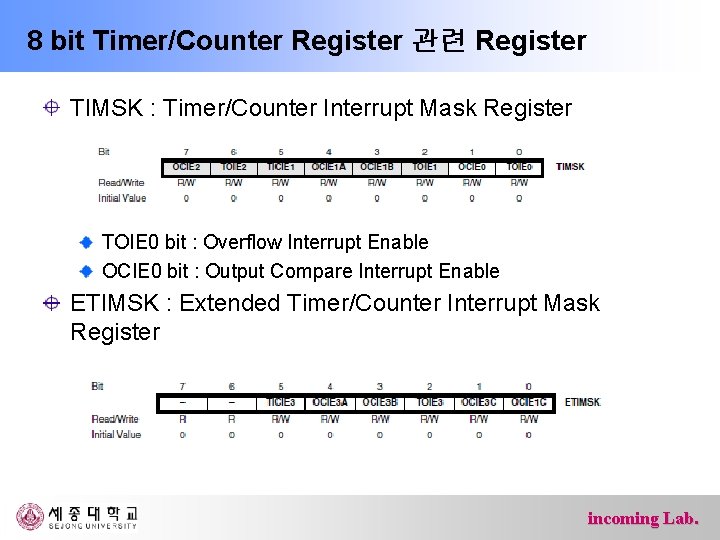 8 bit Timer/Counter Register 관련 Register TIMSK : Timer/Counter Interrupt Mask Register TOIE 0