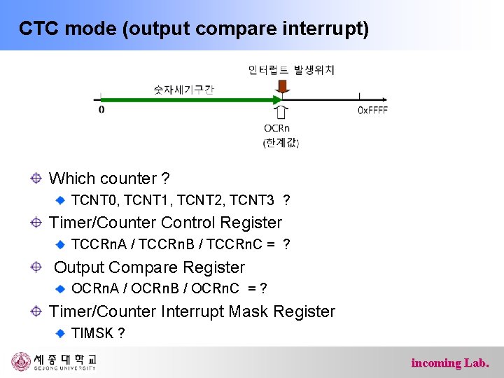 CTC mode (output compare interrupt) Which counter ? TCNT 0, TCNT 1, TCNT 2,