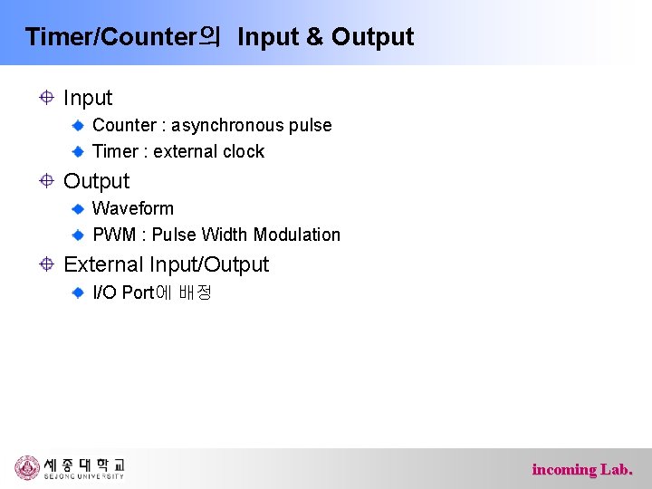 Timer/Counter의 Input & Output Input Counter : asynchronous pulse Timer : external clock Output
