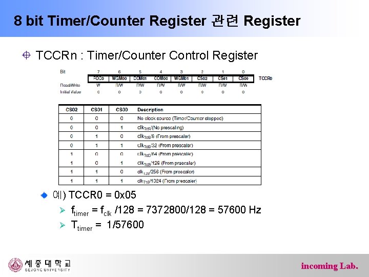 8 bit Timer/Counter Register 관련 Register TCCRn : Timer/Counter Control Register 예) TCCR 0