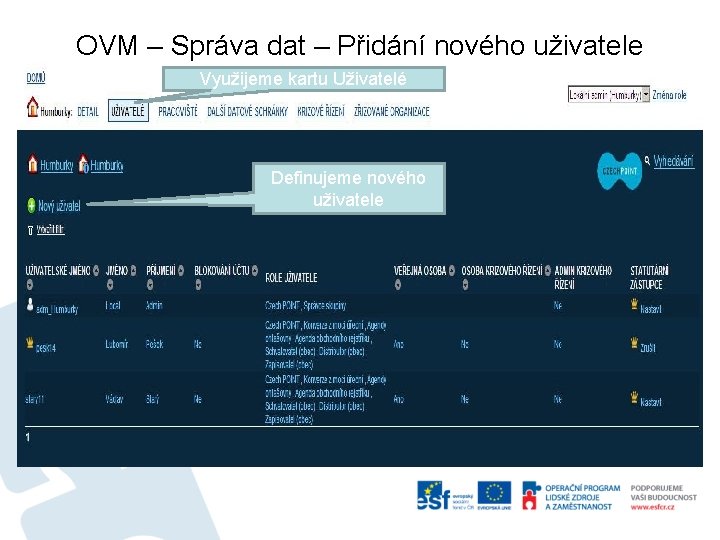 OVM – Správa dat – Přidání nového uživatele Využijeme kartu Uživatelé Definujeme nového uživatele