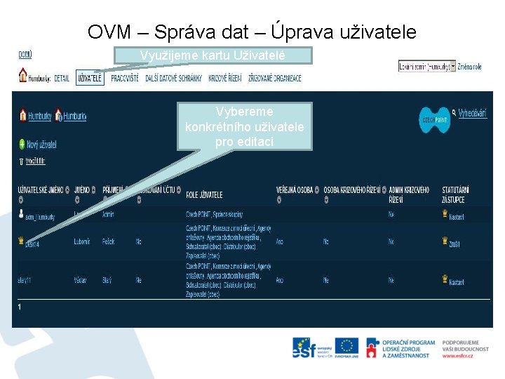 OVM – Správa dat – Úprava uživatele Využijeme kartu Uživatelé Vybereme konkrétního uživatele pro