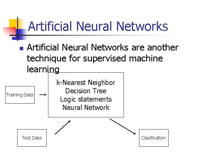 Artificial Neural Networks n Artificial Neural Networks are another technique for supervised machine learning