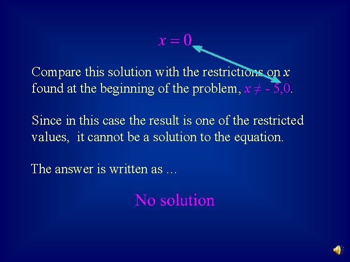 Compare this solution with the restrictions on x found at the beginning of the