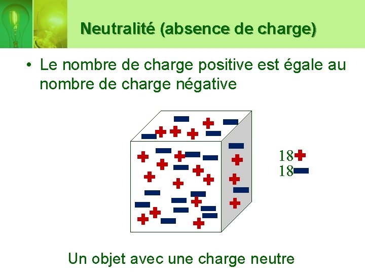 Neutralité (absence de charge) • Le nombre de charge positive est égale au nombre