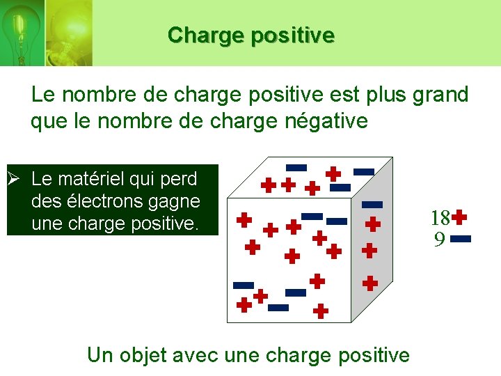 Charge positive Le nombre de charge positive est plus grand que le nombre de