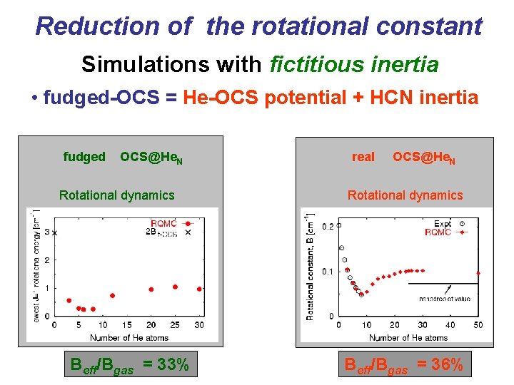 Reduction of the rotational constant Simulations with fictitious inertia • fudged-OCS = He-OCS potential