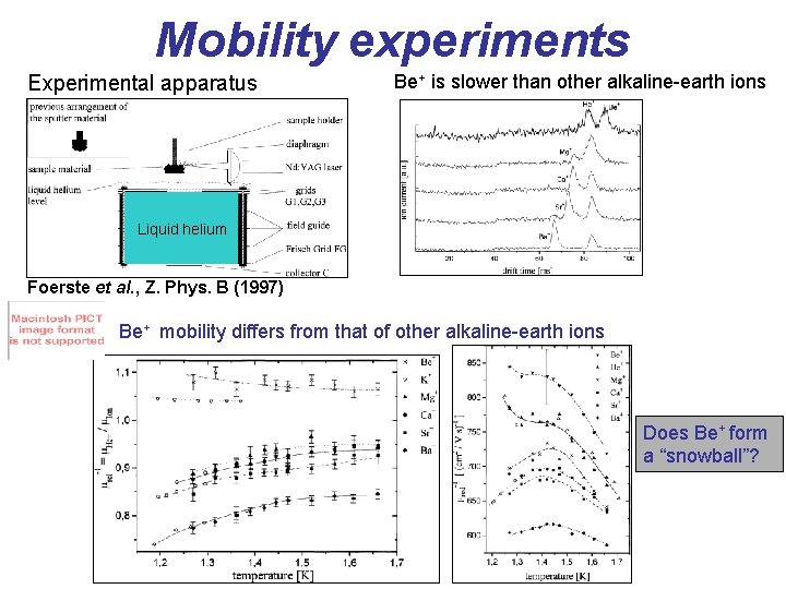 Mobility experiments Experimental apparatus Be+ is slower than other alkaline-earth ions Liquid helium Foerste