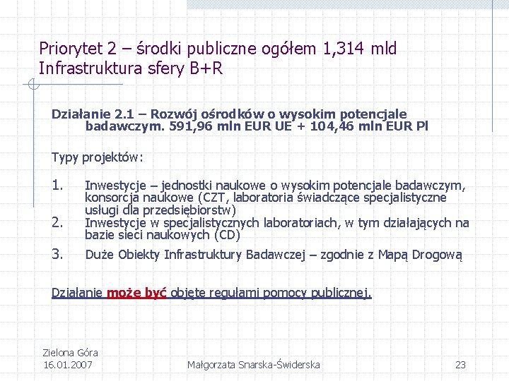 Priorytet 2 – środki publiczne ogółem 1, 314 mld Infrastruktura sfery B+R Działanie 2.