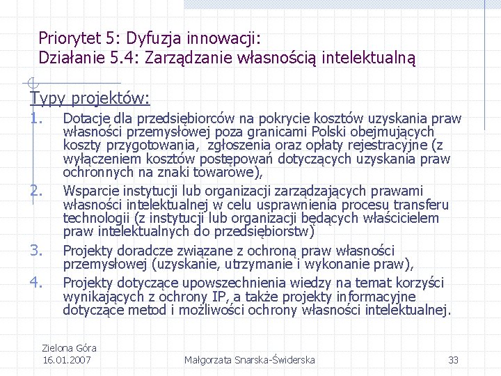 Priorytet 5: Dyfuzja innowacji: Działanie 5. 4: Zarządzanie własnością intelektualną Typy projektów: 1. 2.