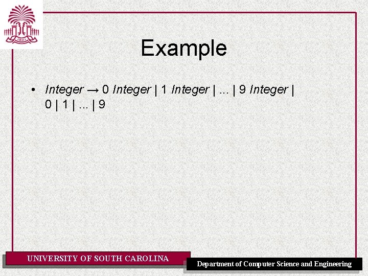 Example • Integer → 0 Integer | 1 Integer |. . . | 9