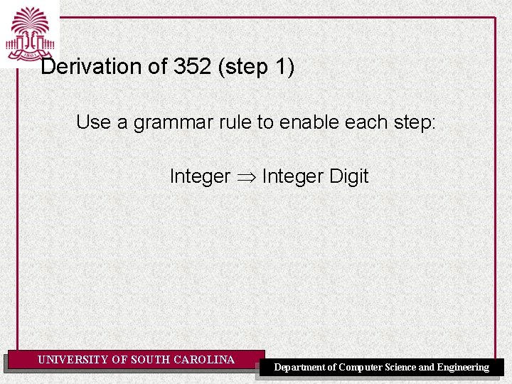 Derivation of 352 (step 1) Use a grammar rule to enable each step: Integer