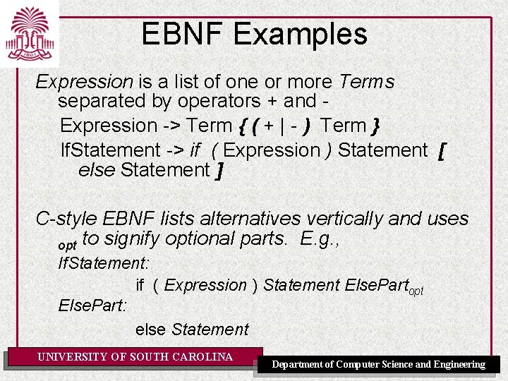 EBNF Examples Expression is a list of one or more Terms separated by operators