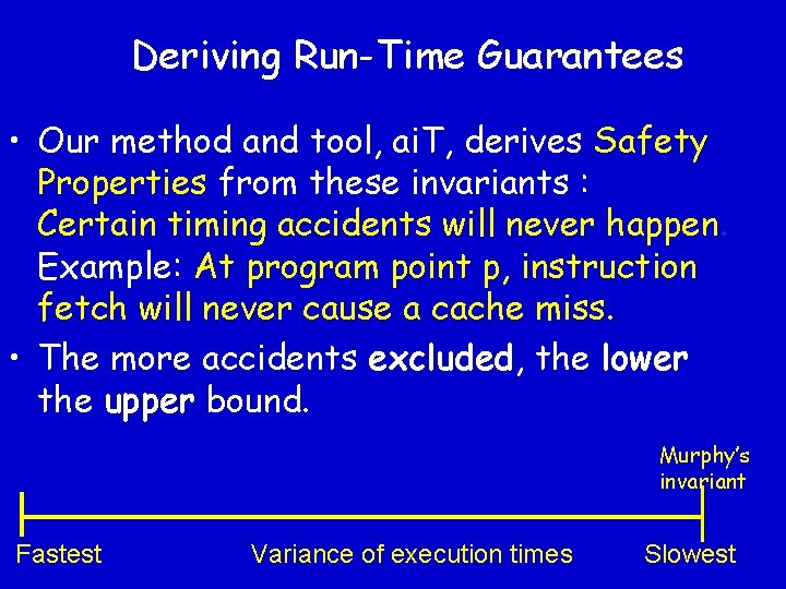 Deriving Run-Time Guarantees • Our method and tool, ai. T, derives Safety Properties from