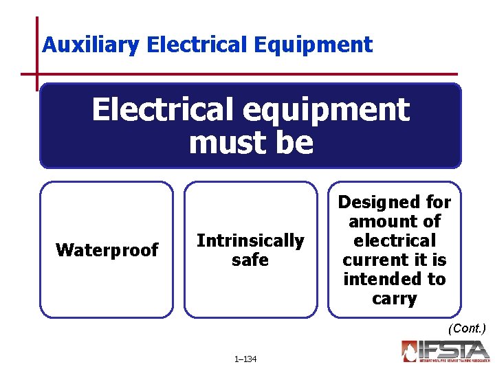 Auxiliary Electrical Equipment Electrical equipment must be Waterproof Intrinsically safe Designed for amount of