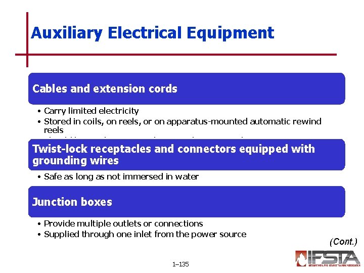 Auxiliary Electrical Equipment Cables and extension cords • Carry limited electricity • Stored in