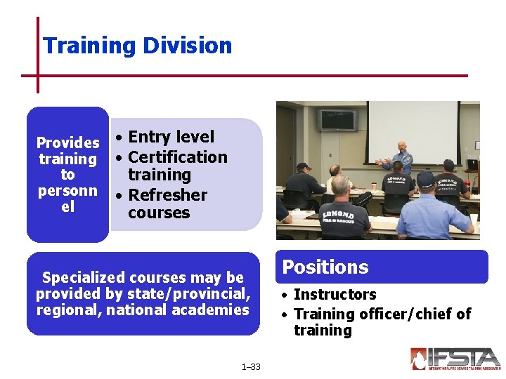 Training Division Provides training to personn el • Entry level • Certification training •