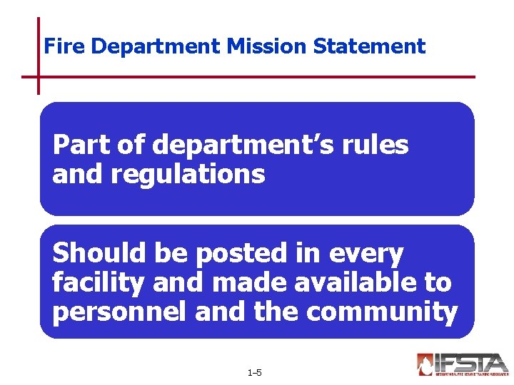 Fire Department Mission Statement Part of department’s rules and regulations Should be posted in