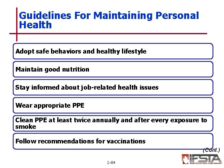 Guidelines For Maintaining Personal Health Adopt safe behaviors and healthy lifestyle Maintain good nutrition