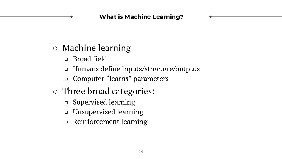 What is Machine Learning? ○ Machine learning □ Broad field □ Humans define inputs/structure/outputs