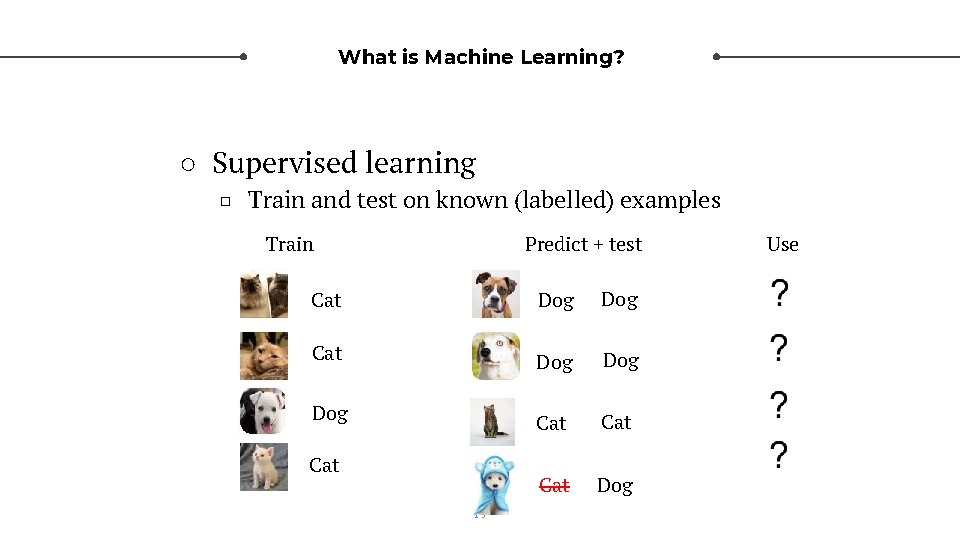 What is Machine Learning? ○ Supervised learning □ Train and test on known (labelled)
