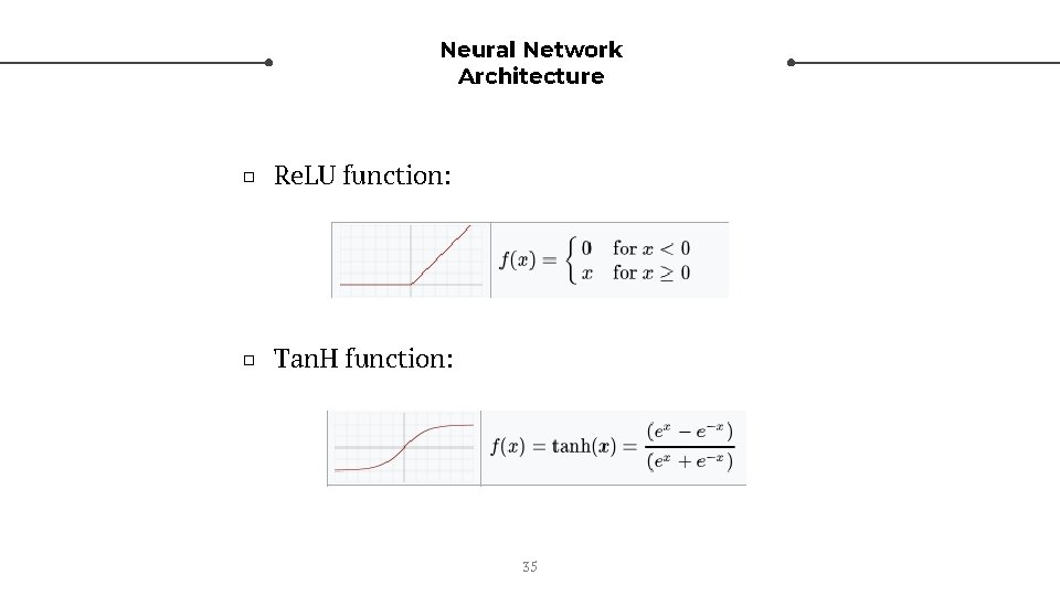 Neural Network Architecture □ Re. LU function: □ Tan. H function: 35 