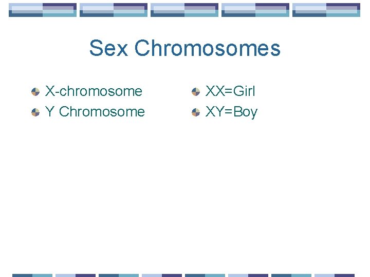 Sex Chromosomes X-chromosome Y Chromosome XX=Girl XY=Boy 