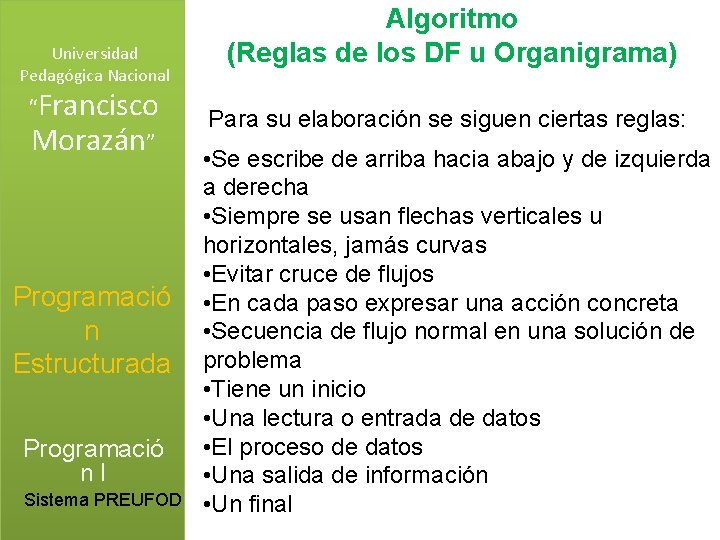 Universidad Pedagógica Nacional “Francisco Morazán” Programació n Estructurada Programació n. I Sistema PREUFOD Algoritmo