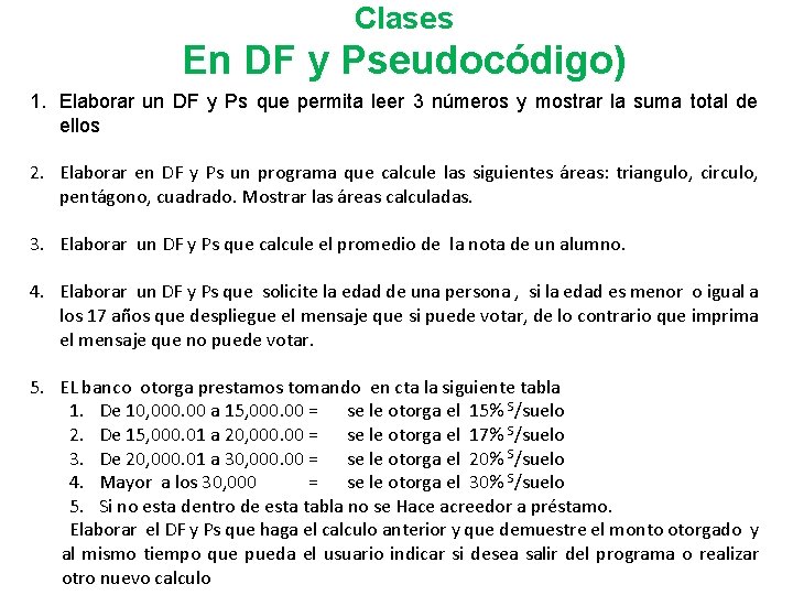 Clases En DF y Pseudocódigo) 1. Elaborar un DF y Ps que permita leer