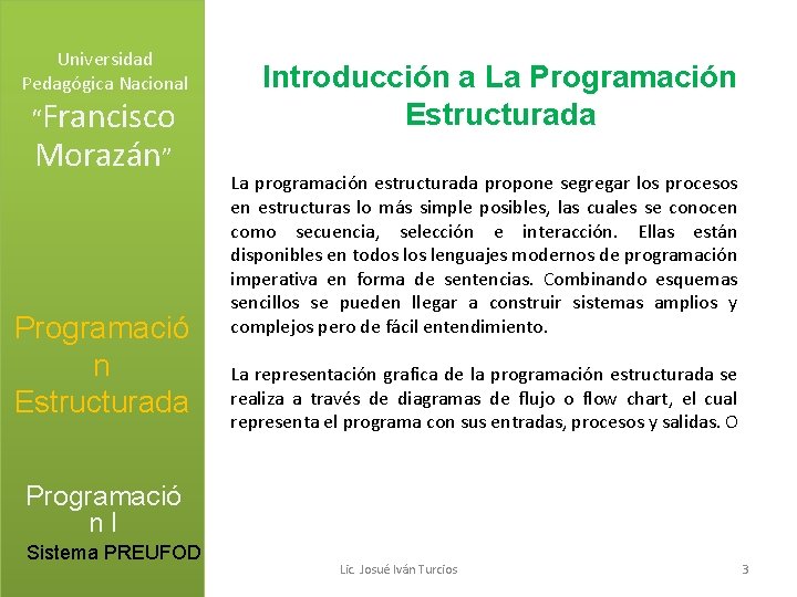 Universidad Pedagógica Nacional “Francisco Morazán” Programació n Estructurada Introducción a La Programación Estructurada La