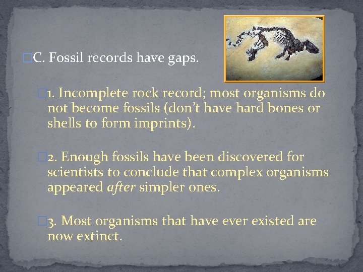 �C. Fossil records have gaps. � 1. Incomplete rock record; most organisms do not