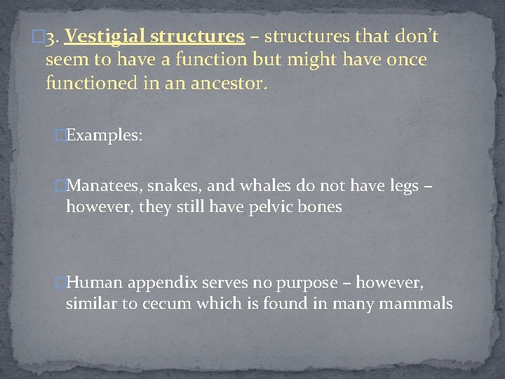 � 3. Vestigial structures – structures that don’t seem to have a function but