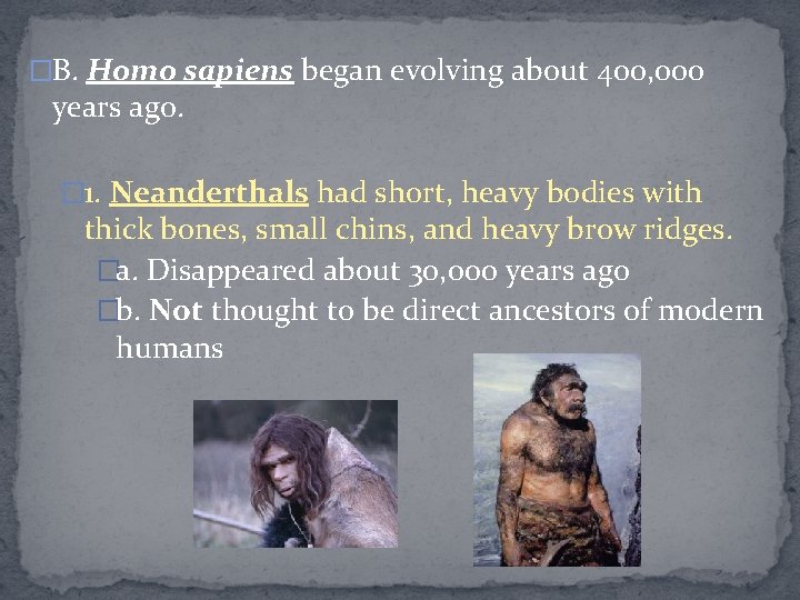 �B. Homo sapiens began evolving about 400, 000 years ago. � 1. Neanderthals had