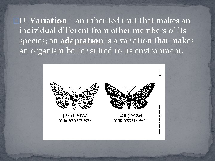 �D. Variation – an inherited trait that makes an individual different from other members