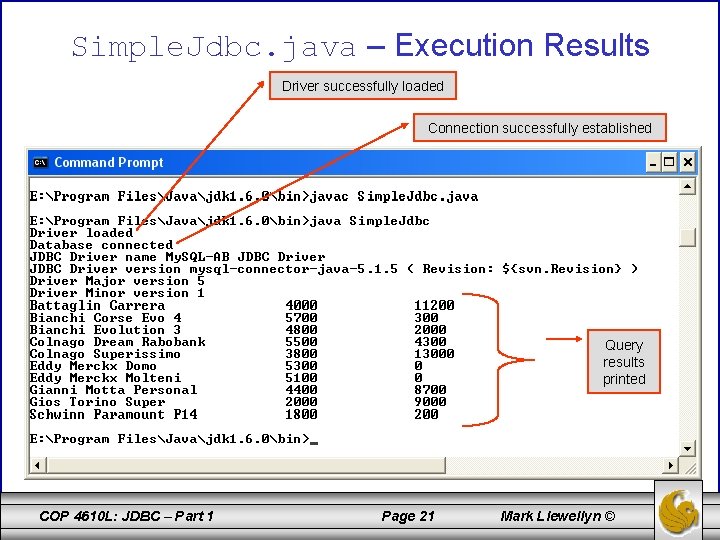 Simple. Jdbc. java – Execution Results Driver successfully loaded Connection successfully established Query results