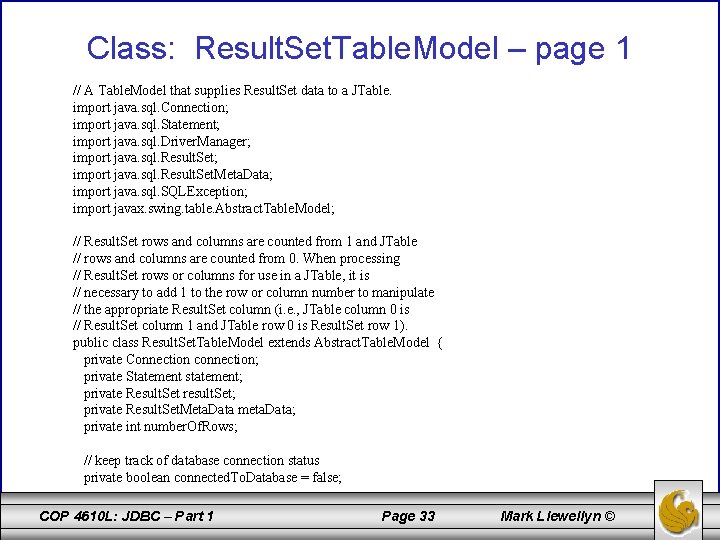 Class: Result. Set. Table. Model – page 1 // A Table. Model that supplies