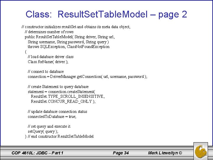 Class: Result. Set. Table. Model – page 2 // constructor initializes result. Set and