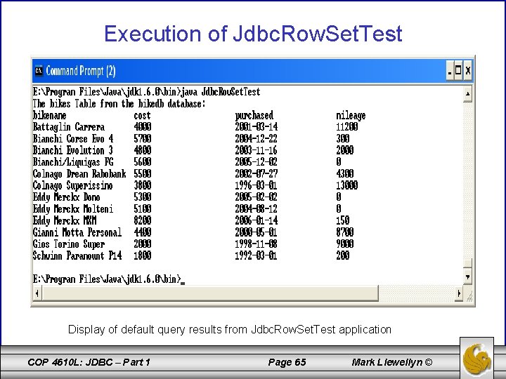 Execution of Jdbc. Row. Set. Test Display of default query results from Jdbc. Row.