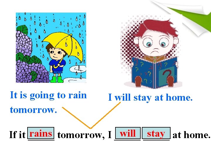 It is going to rain tomorrow. I will stay at home. rains tomorrow, I