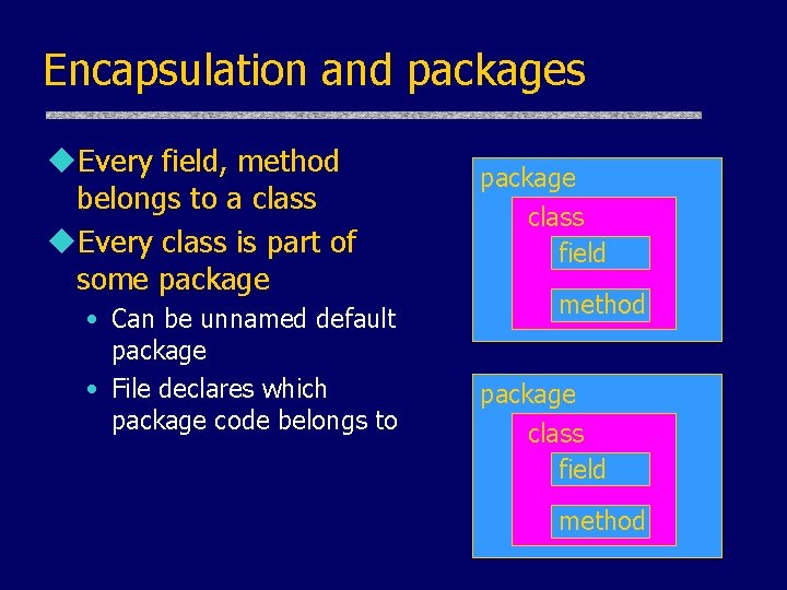 Encapsulation and packages u. Every field, method belongs to a class u. Every class Encapsulation and packages u. Every field, method belongs to a class u. Every class
