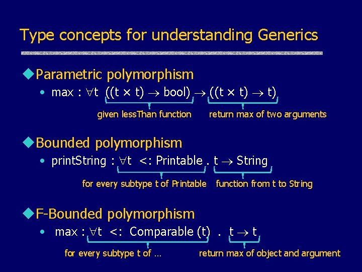 Type concepts for understanding Generics u. Parametric polymorphism • max : t ((t × Type concepts for understanding Generics u. Parametric polymorphism • max : t ((t ×