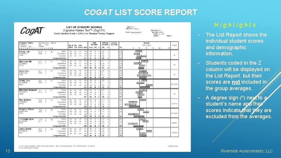 COGAT LIST SCORE REPORT Highlights 13 • The List Report shows the individual student