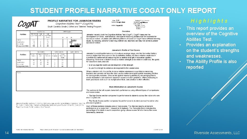 STUDENT PROFILE NARRATIVE COGAT ONLY REPORT Gr 2 Google Elem Apple 03 Highlights 9874563210