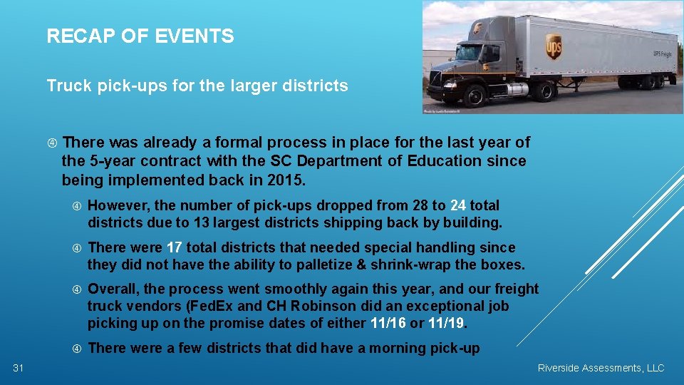 RECAP OF EVENTS Truck pick-ups for the larger districts 31 There was already a