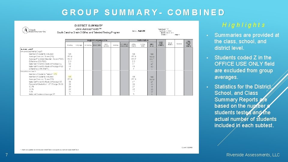 GROUP SUMMARY- COMBINED Highlights Apple 03 • Summaries are provided at the class, school,