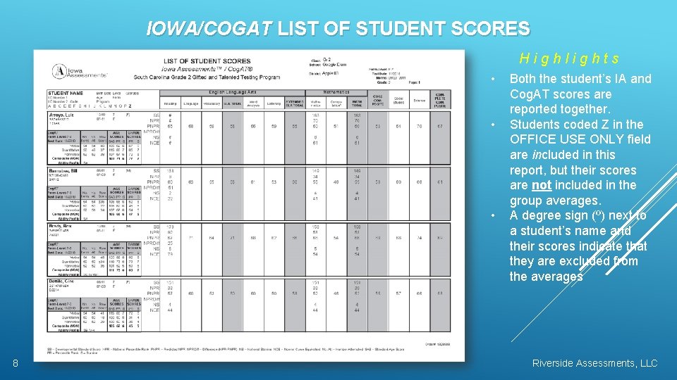IOWA/COGAT LIST OF STUDENT SCORES Highlights • • • 8 Both the student’s IA