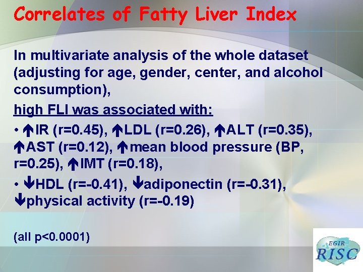 Correlates of Fatty Liver Index In multivariate analysis of the whole dataset (adjusting for