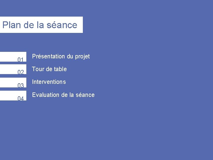 Plan de la séance 01 02 03 04 Présentation du projet Tour de table