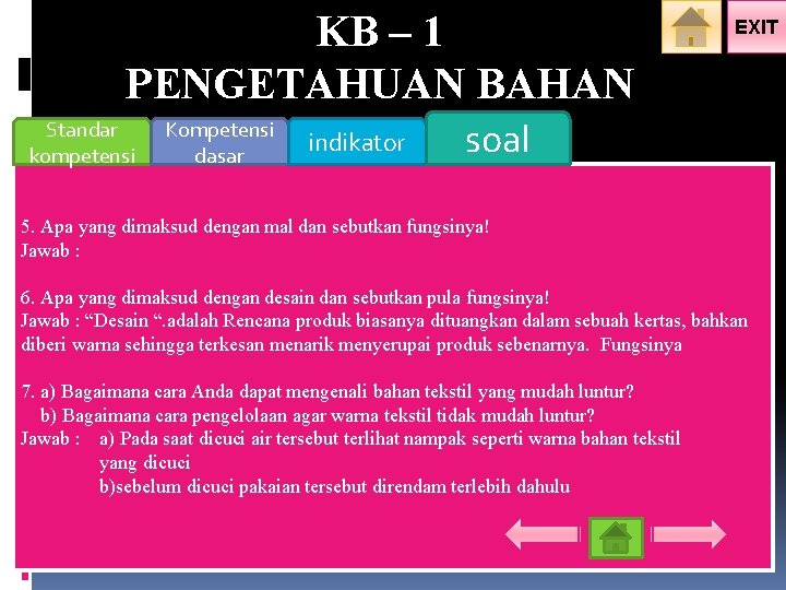 KB – 1 PENGETAHUAN BAHAN Standar kompetensi Kompetensi dasar indikator EXIT soal 5. Apa